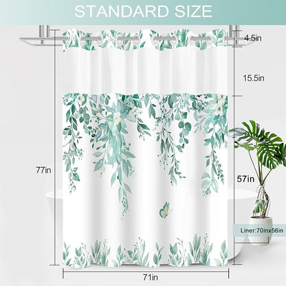 No Hook Shower Curtain and Liner Set, Teal Eucalyptus Floral Shower Curtains for Bathroom, Bath Curtain Sets with Snap in Liner, Waterproof with See Through Top Window, 71x77 Inches