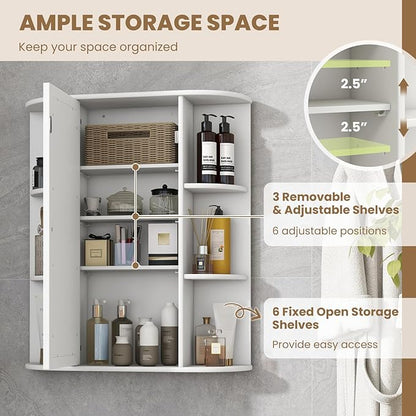 Tangkula Bathroom Medicine Cabinet, Wall Mounted Storage Cabinet with Mirror Door, Removable & 3 Adjustable Shelves, Wooden Hanging Wall Mirror Cabinet for Bathroom Living Room Laundry (White)