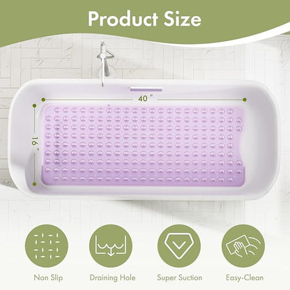 AmazerBath Shower Mat Non Slip 40 x 16 Inches, Shower Stall Mats with Suction Cups and Drain Holes, Non Slip Bath Mat for Tub for Elderly & Kids, Clear Purple