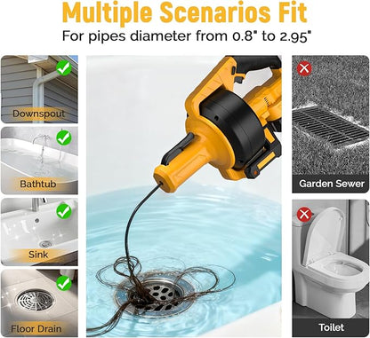 Electric Drain Auger, 21V Cordless Drain Snake, 25Ft Auto-Feed Snake Drain Hair Removal Tool with 2.0Ah Battery, Sink Snake Drain Cleaner for Sewer, Kitchen, Shower 3/4"-2.95" Pipes(Bag&Gloves&Rag）