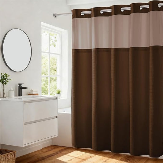 River Dream No Hooks Required Dotted Brown Shower Curtain with Snap in Liner - 71" W x 74" H,Hotel Grade,Spa Like Bath Curtain
