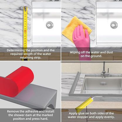 67Inch Collapsible Shower Threshold Water Dam Barrier, Self Adhesive Silicone Waterproof Shower Barrier Water Strip Dam for The Gap Between the Shower Kitchen Countertop Sink and Cooktop