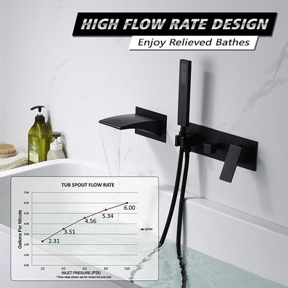 sumerain Bathtub Wall Faucet Matte Black with Waterfall Spout and Hand Shower, High Flow