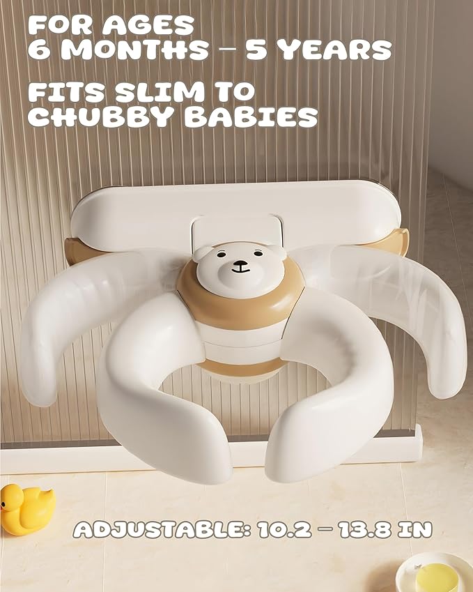 Adjustable Baby Bath Stand with Strong Suction Cups – Foldable Shower Support Seat for Babies 6 Months & Up, No-Drill ABS Plastic with Drain Holes, Safe & Stable Toddler Bath Helper (Bear)