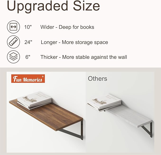 Deep Walnut Floating Shelves for Wall, 24"W x 10"D Wall Shelves Set of 2, 10 Inch Deep Floating Shelf with Brackets, Wide Display & Storage Shelves for Books, Living Room, Kitchen, Bathroom