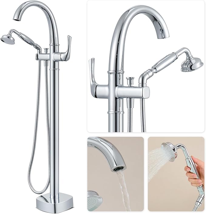 Free Standing Tub Faucet, Hanallx Luxury Polished Chrome Freestanding Bathtub Faucet with Sprayer, Premium Brass High Flow Rate Floor Mount Tub Filler Swivel Spout, Roman Tub Faucet Set（HM88011-CP）