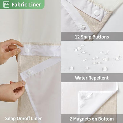 No Hook Extra Long Shower Curtain Set with Snap-in Liner,Linen Textured Thick Striped Fabric with Tassels,Boho Chic Modern Farmhouse Bathroom Curtain,Water-Repellent,Cream/Beige,71x86