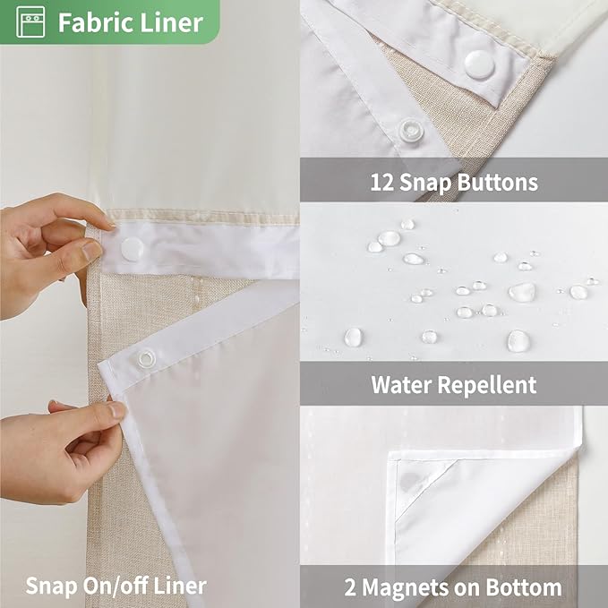 No Hook Long Shower Curtain Set with Snap-in Fabric Liner,Linen Textured Thick Striped Fabric with Tassels,Boho Farmhouse Rustic Luxury Bathroom Curtain,Water-Repellent,Cream/Beige,71x80