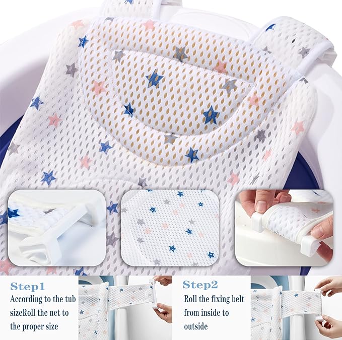 Baby Bath Seat Support Net Soft Headrest Baby Bath Cushion Pad, Breathable Newborn Infant Bathtub Shower Mesh Mat, Adjustable Shower Pad Portable Anti-Slip Bath Sling 0-18 Months, Stars (No Bathtub)