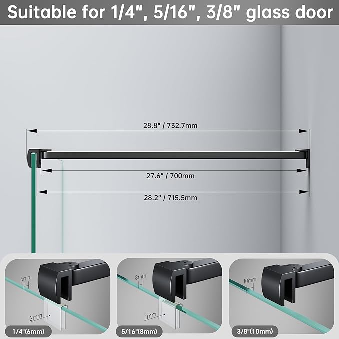 Frameless Shower Door Support Bar, Stainless Steel Wall-to-Glass Support Arm to Fixed Shower Glass Panel, for 1/4"-3/8" (6-10 mm) Door, 180° Pivot & Stow-Flat Mode (Matte Black, 27.6-inch(700mm))
