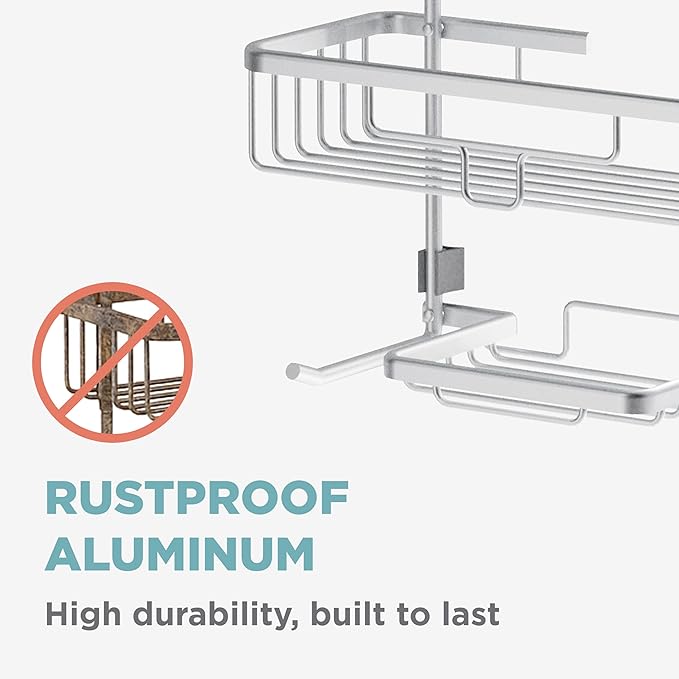 Zenna Home Rustproof Hanging Shower Caddy, Over the Shower Head Caddy with 2 Shelves and Built In Hooks, Aluminum Bathroom Hanging Organizer, Satin Chrome