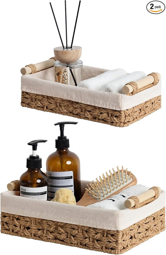 StorageWorks Bathroom Baskets for Organizing, Small Wicker Basket for Bathroom Organizer, Round Paper Rope Storage Basket for Bathroom Countertop, Set of 2