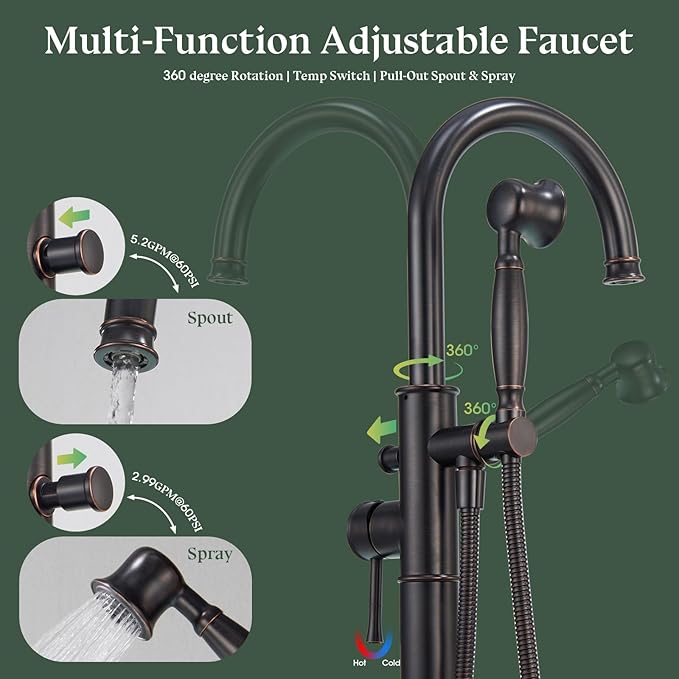 Free Standing Tub Faucet, Wintap Classic Freestanding Bathtub Faucet with Sprayer Brass Elegant Floor Mount Bath Faucets High Flow Roman Tub Filler, Oil Rubbed Bronze （WT-3311ORB）