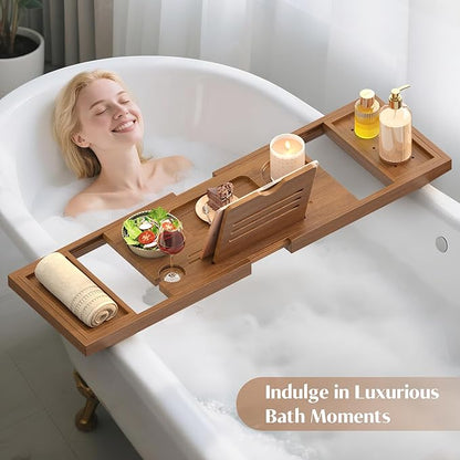 Teak Bathtub Tray, Expandable Wooden Bath Tray for Tub, Luxury Bath Caddy for Bathtub, Birthday & Wedding for Couple Bridal Shower Present, House Warming Gifts New Home