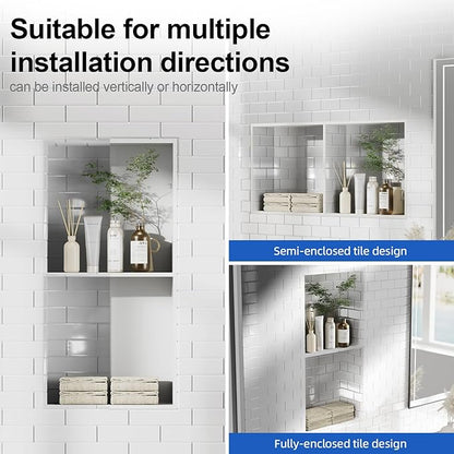 Bathbliss Shower Niche, No‑Tile Recessed Wall Niche, 11.18"x22.3" SUS304 Stainless Steel Double Shelf, Leak‑Proof Waterproof for Bathroom Storage, White