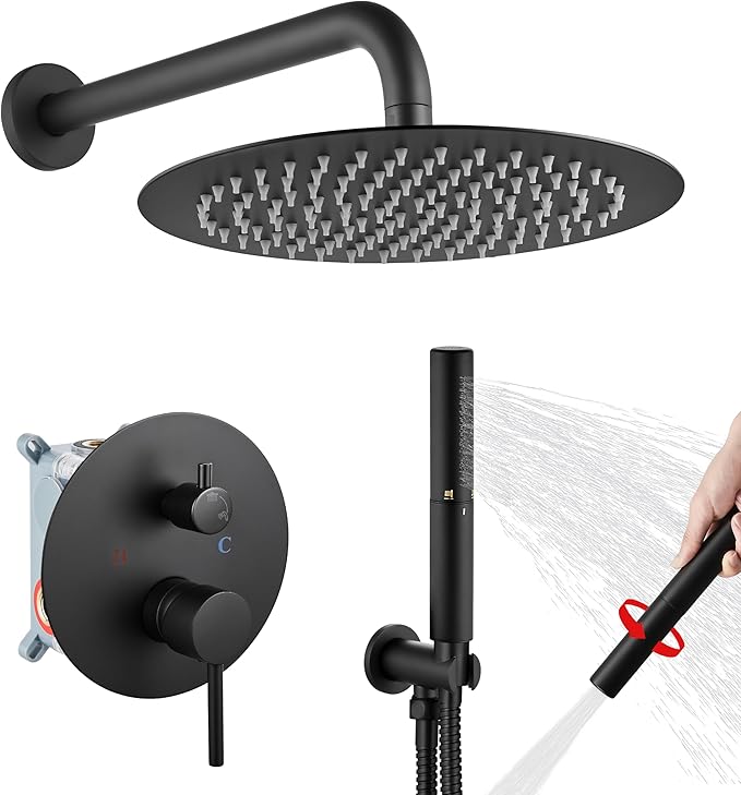 Airuida Shower Fixtures 2 Functions Shower Faucet Set Wall Mounted for Bathroom High Pressure Brass Handheld Shower with Rough-in Valve Round Rainfall 12 Inch Shower Head Matte Black