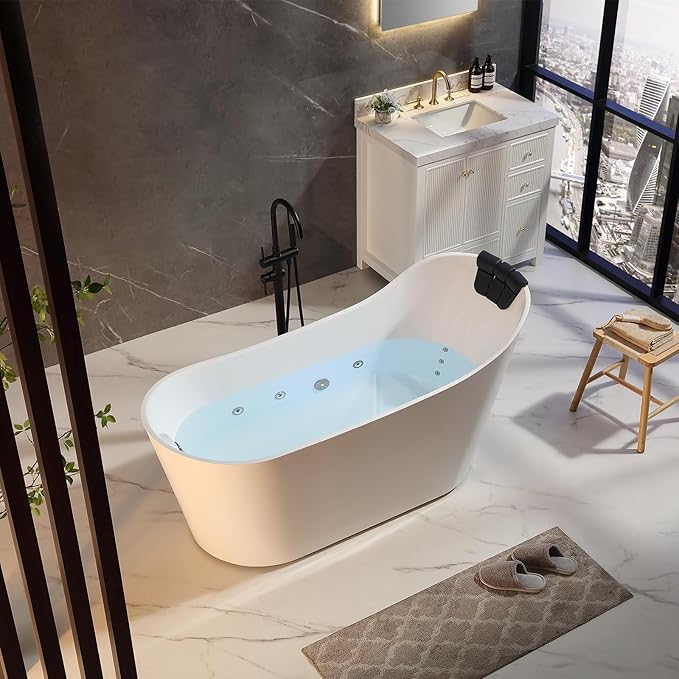 Empava Update Acrylic Whirlpool Bathtub, 67-Inch Freestanding Gracefully Oval Shaped Jetted Bathtub with Healing Chromotherapy, 16 Hydromassage Jets, Single-Ended Bathtubs with Pillow, No faucet