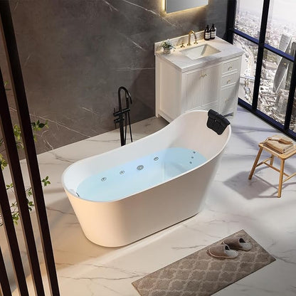 Empava Update Acrylic Whirlpool Bathtub, 67-Inch Freestanding Gracefully Oval Shaped Jetted Bathtub with Healing Chromotherapy, 16 Hydromassage Jets, Single-Ended Bathtubs with Pillow, No faucet