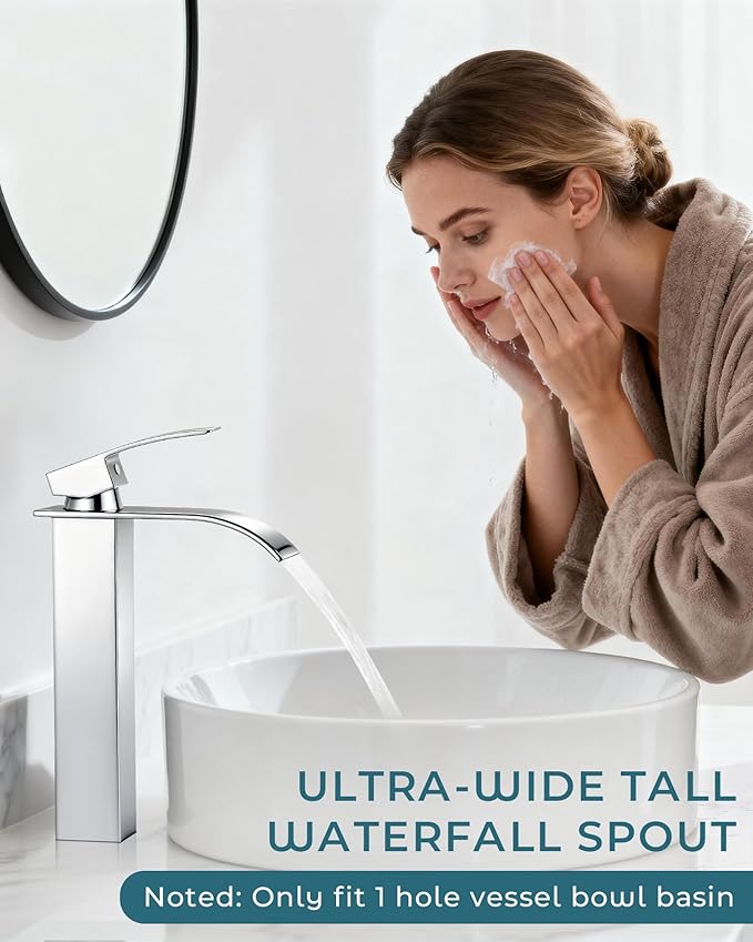 LIFG Chrome Vessel Sink Faucet, Tall Waterfall Bathroom Faucet, Single Handle One Hole Mixer Bowl Tap with Large Rectangular Spout, Bar Sink Faucet Lavatory Vanity