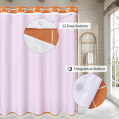 MitoVilla No Hooks Needed Orange Boho Shower Curtain with Snap-in Liner, Farmhouse Cotton Linen Fabric Shower Curtains with Tassels for Rustic Neutral Bathroom Decor, Burnt Orange, 72 x 74