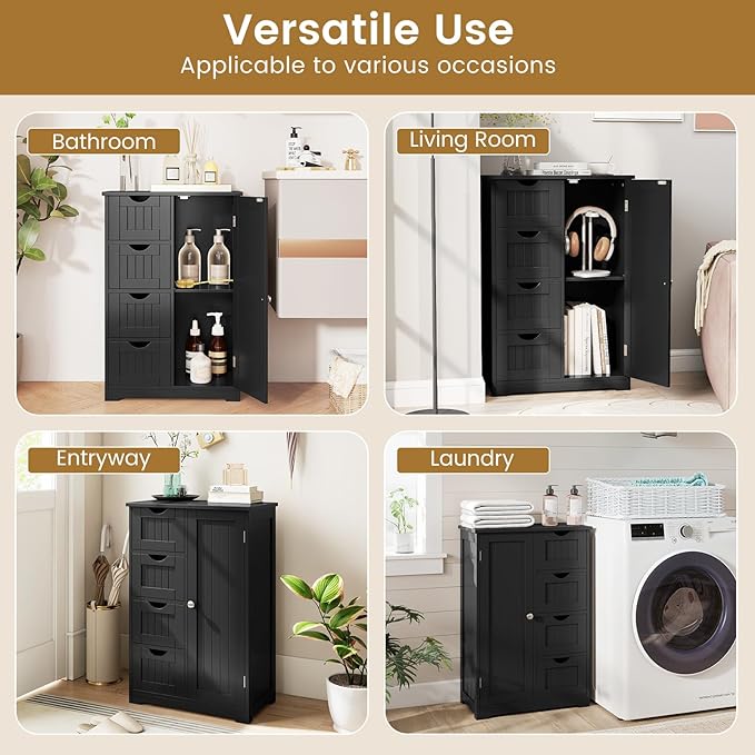 Tangkula Bathroom Floor Cabinet, Freestanding Storage Cabinet with 4 Drawers & Single Door, Adjustable Shelf, Multipurpose Bathroom Storage for Home Office, 21.5 x 12 x 32.5 Inches (Black)
