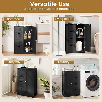 Tangkula Bathroom Floor Cabinet, Freestanding Storage Cabinet with 4 Drawers & Single Door, Adjustable Shelf, Multipurpose Bathroom Storage for Home Office, 21.5 x 12 x 32.5 Inches (Black)