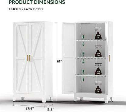 61" Tall Metal Kitchen Pantry Storage Cabinet with Double Doors & 3 Adjustable Shelves, Freestanding Cupboard for Kitchen, Dining Room, Bathroom, White
