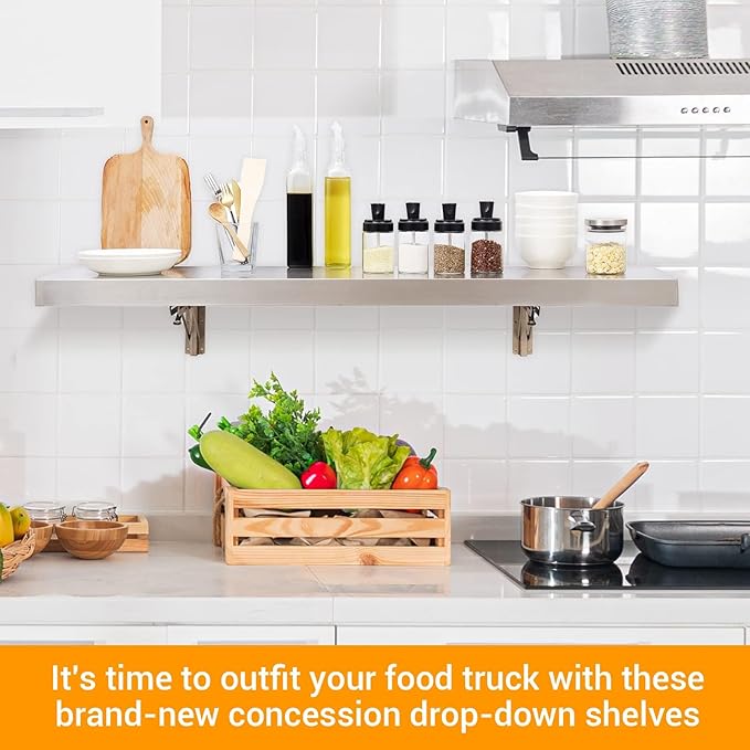 Stainless Steel Folding Concession Shelf 12" x 96" (2 Pack 12" x 48"), Drop Down Folding Wall Shelves, Heavy Duty Foldable Wall Mount Shelving for Concession Windows, Food Truck
