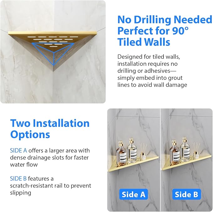 POPFLY 10 Inch Gold Corner Shower Shelf 2 Pack, 304 Stainless Steel Bathroom Shelves for Tiled Wall, No Drilling Recessed Organizer, Luxurious Floating Shower Shelf with Anti-Slip Design, PF7501G