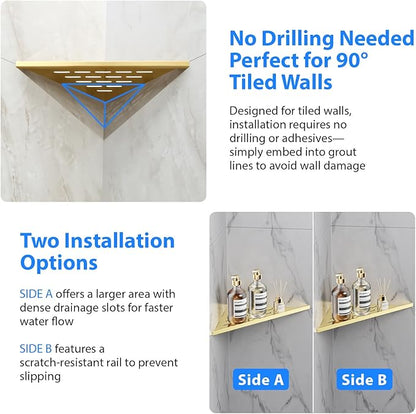 POPFLY 10 Inch Gold Corner Shower Shelf 2 Pack, 304 Stainless Steel Bathroom Shelves for Tiled Wall, No Drilling Recessed Organizer, Luxurious Floating Shower Shelf with Anti-Slip Design, PF7501G