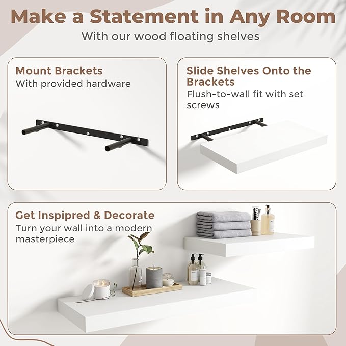 12 Inch Square Floating Shelves for Wall 2 Pack, 12"D Wood Grain Bathroom Shelves with Invisible Brackets, Easy Install Engineered Wood Storage Shelves for Kitchen, Living Room, Bedroom, White Finish