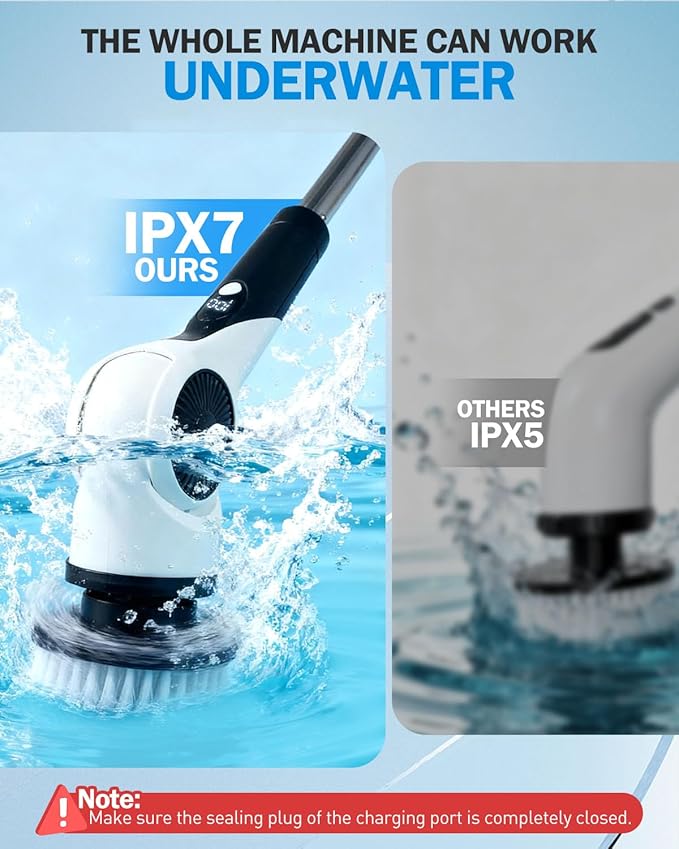Electric Spin Scrubber, 3-Speed Cordless Shower Scrubber with 90° Adjustable & 10 Replaceable Brush Heads, 90 Mins Runtime & Full-Body IPX7 Waterproof Shower Cleaner Brush with Long Handle