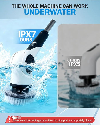 Electric Spin Scrubber, 3-Speed Cordless Shower Scrubber with 90° Adjustable & 10 Replaceable Brush Heads, 90 Mins Runtime & Full-Body IPX7 Waterproof Shower Cleaner Brush with Long Handle