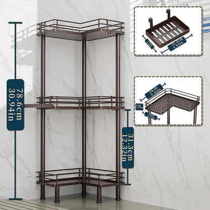 Consumest Corner Shower Caddy Standing - 3-Tier Stainless Steel Shower Organizer with Soap Holder and 4 Hooks, Large Capacity Corner Shelf Stand for Bathroom, Rest Room, Bronze