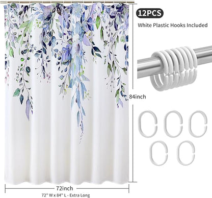 Colorful Star Green Eucalyptus Waterproof Shower Curtain Set with Hooks, Minimalist Watercolor Floral Print Bathroom Décor, Plant Leaves Washable Fabric Shower Curtain, 72 x 84 Inch