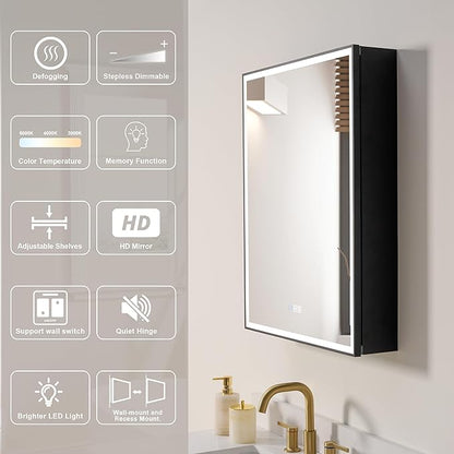 WELLFOR 24" X 30" LED Mirrored Medicine Cabinet, Medicine Cabinets with Lights for Bathroom, Defogging Function Mirror Cabinet, Bathroom Medicine Cabinet with USB Port & Outlet, Left Opening Doors