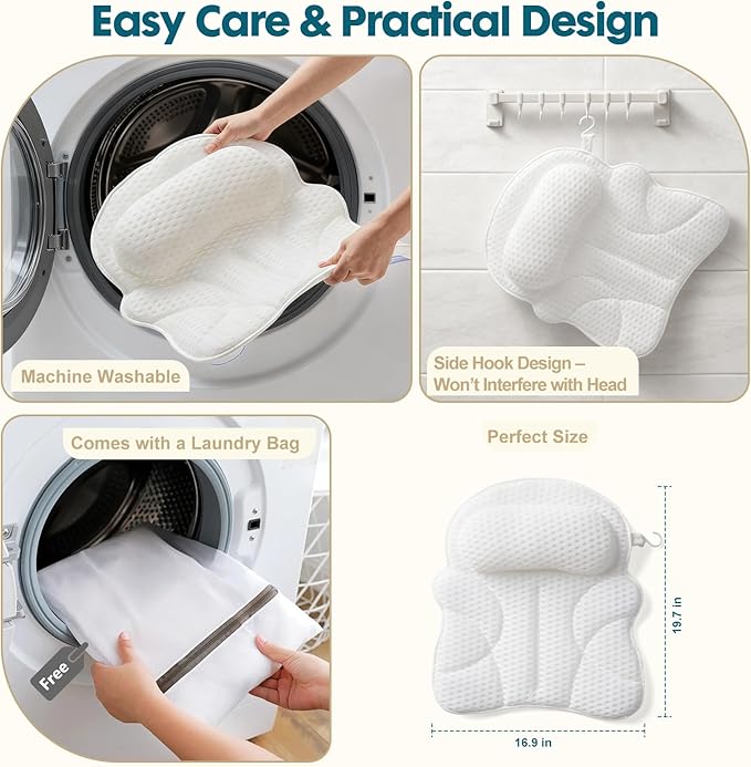 Bath Pillows for Tub with Gift Box & Laundry Bag – 4D Air Mesh Bathtub Pillow with Extended Wings, Shoulder Coverage, Spine-Line Support & 6 Non-Slip Suction Cups – Relaxing Gift for Women & Mom