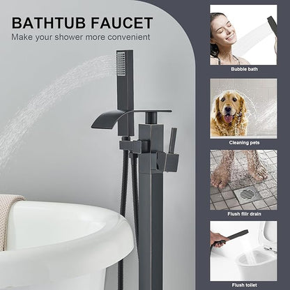Senlesen Barthroom Tub Filler Faucet Floor Mounted Bathtub Shower Faucet Waterfall Spout Free Standing Tub Mixer Tap with Handheld Sprayer