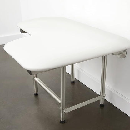 32" x 22.5" White Padded Wall Mount Folding Left-Handed Transfer Bench Shower Seat with Legs, ADA Compliant