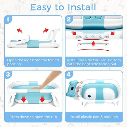 Baby Bathtub, Collapsible Newborn Bathtub for Infant to Toddler 0-24 Months with Soft Bath Net,Portable Travel Newborn Tub with No-Slip Feet, Baby Shower Gifts,Sky Blue