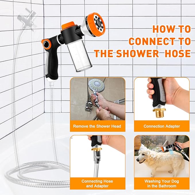 Dog Shower Attachment for Bathroom & Bathtub, 8 Sprayer Modes Dog Washing Hose Attachment with Pet Grooming Glove, Fit G1/2 Shower Hose(HOSE NOT INCLUDED)
