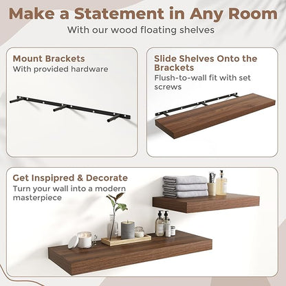 55 Inch Long Floating Shelves for Wall Set of 2, 12"D Wood Grain Bathroom Shelves with Invisible Brackets, Easy Install Engineered Wood Storage Shelves for Kitchen, Living Room, Bedroom, Walnut Finish