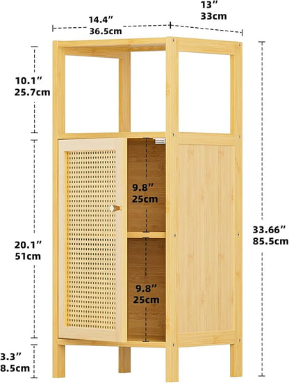 HITNET Rattan Bathroom Storage Cabinet, Small Bamboo Floor Cupboard with Door, Freestanding Narrow Side Organizer for Living Room, Kitchen, Entryway, Natural