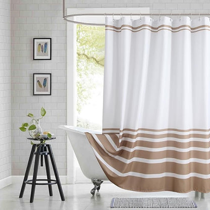 Beige and White Striped Shower Curtain 72x72 Inches, Waterproof Fabric with Modern Gradient Lines, 12 Rustproof Grommets & Weighted Hem