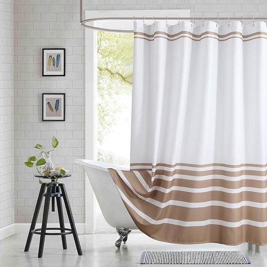 Beige and White Striped Shower Curtain 72x72 Inches, Waterproof Fabric with Modern Gradient Lines, 12 Rustproof Grommets & Weighted Hem