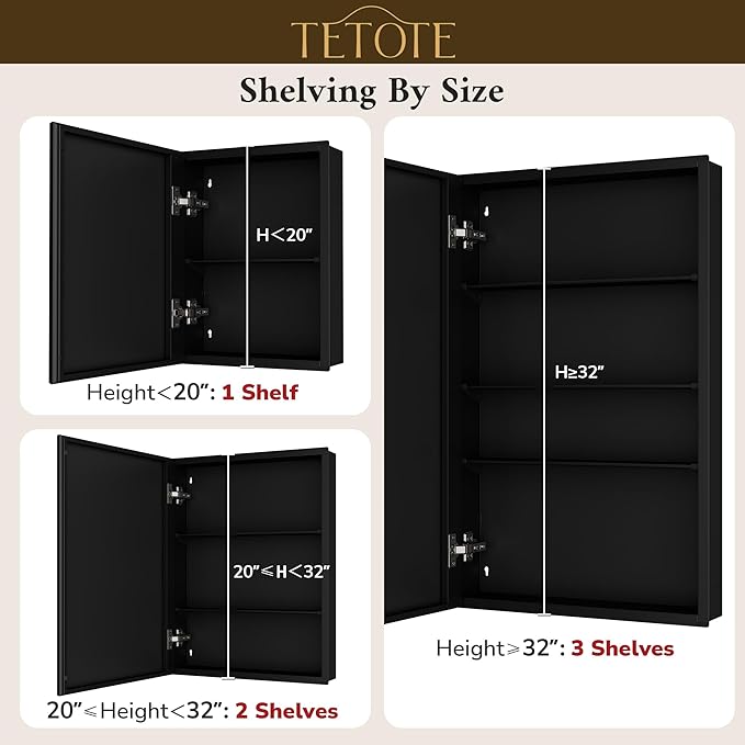 TETOTE 30 x 26 Bathroom Mirror with Storage with Tempered Beveled Mirror Black Medicine Cabinet Aluminum Cabinet DTC Hinges, Stepless Adjustable Shelves, Recessed/Surface-Mounted