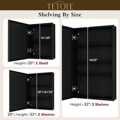 TETOTE 30 x 26 Bathroom Mirror with Storage with Tempered Beveled Mirror Black Medicine Cabinet Aluminum Cabinet DTC Hinges, Stepless Adjustable Shelves, Recessed/Surface-Mounted