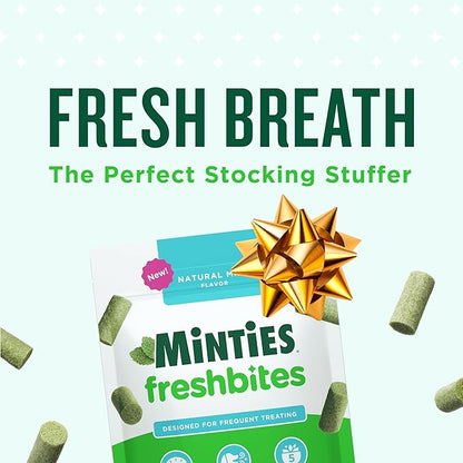 Minties FreshBites Soft and Chewy Dental Treats for Dogs, Low Calorie Natural Mint Flavored Dental Chews for Dogs, 50 Count, Chews Clean Teeth, Fight Bad Breath, and Removes Plaque and Tartar