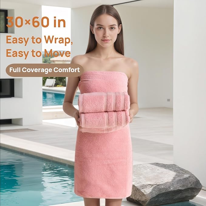 Cotton Bath Towel – Large 30x60 Inches, Soft, Thick & Absorbent Towel for Bathroom, Spa, or Home Use (Pink, 2 Pack – 30"x60")