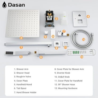 DASAN Tub Shower Faucets Sets Complete Chrome Bathtub Shower System with Tub Spout, Bathtub Faucet Set Tub and Shower Faucet Combo Trim Kit with Rough-in Valve, DA-SS03PC-S10W